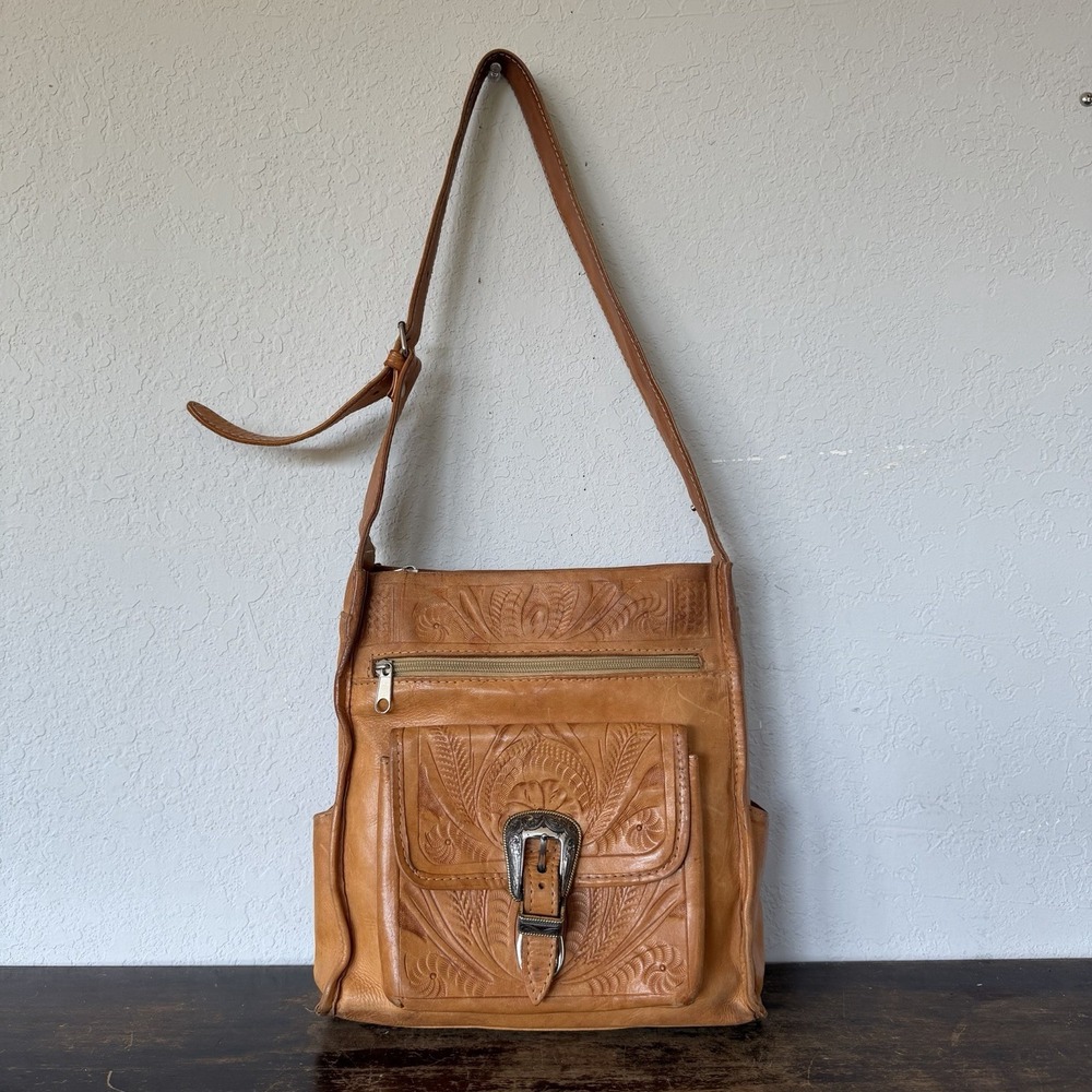 Hand-Tooled Leather Western Crossbody Bag Vintage Ropin West Boho Shoulder Purse